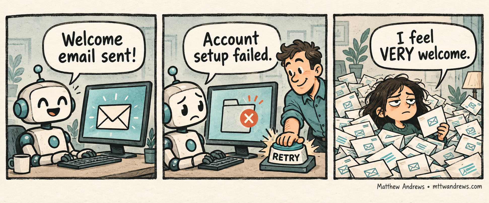A robot sends a welcome email, account setup fails, and pressing retry buries the recipient in duplicate welcome messages.