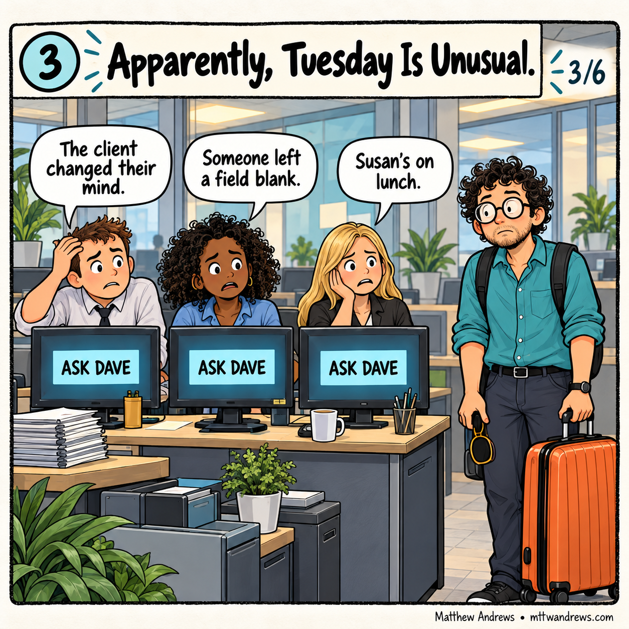 Changed requirements, a blank field, and an absent colleague all send people back to Dave.