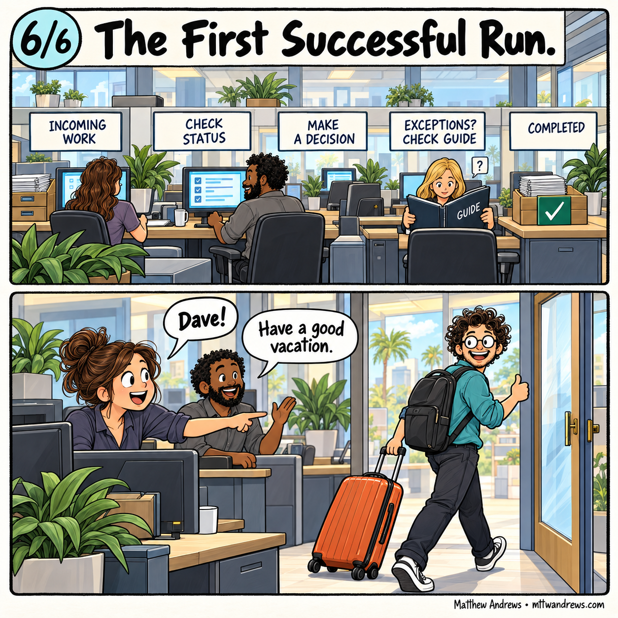 The team independently handles work and exceptions, and wishes Dave a good vacation.